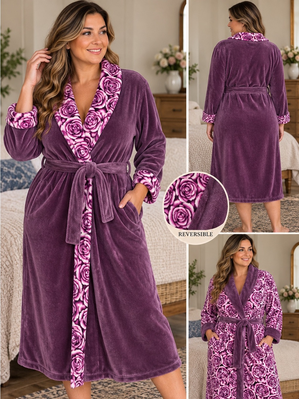 Casa Zeta-Jones Plush Reversible Purple Floral Bathrobe - Women's Robe